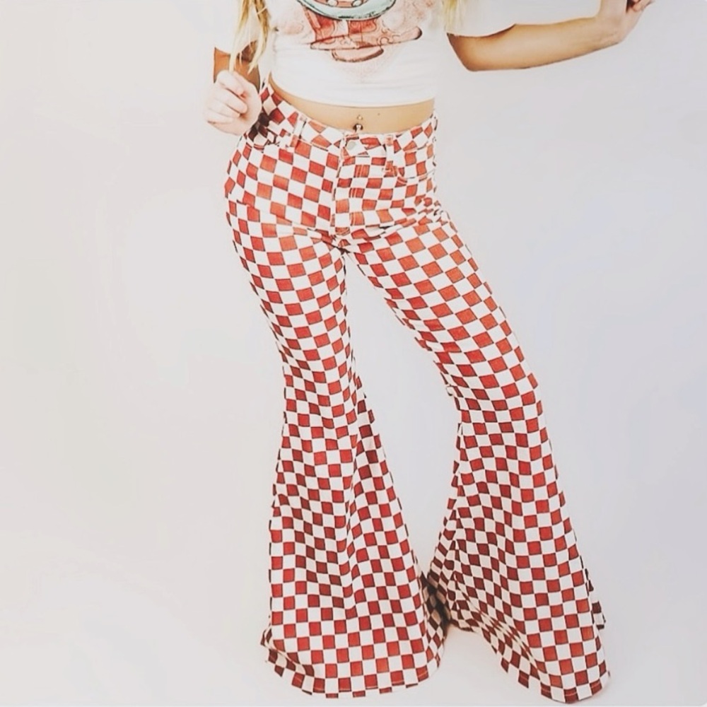 Checker Denim Stretchy High Waist Boho Bell Bottom Flare Jeans